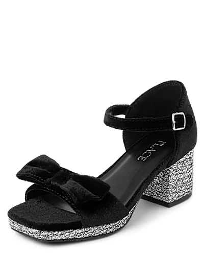 Girls Glitter Velvet Platform Block Heels