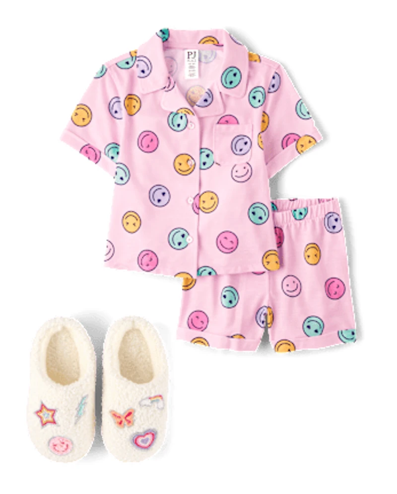 Girls Rainbow Happy Face Button Front Pajamas
