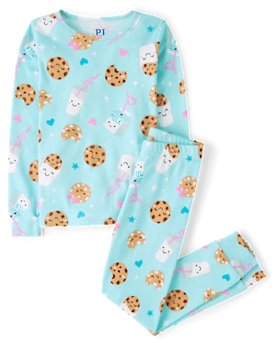 Pyjama ajusté en coton pour fille, motif lait et biscuits