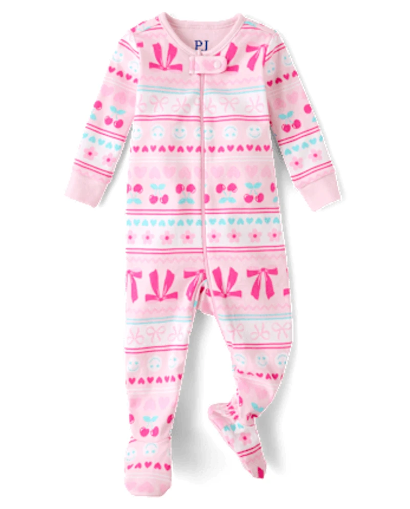 Baby And Toddler Girls Bow Fairisle Snug Fit Cotton Footed One Piece Pajamas
