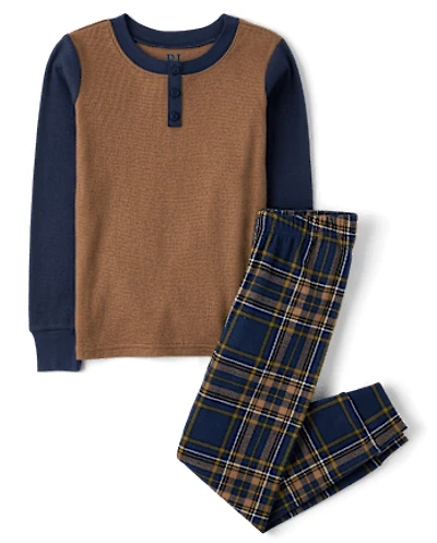 Boys Plaid Snug Fit Cotton Henley Pajamas