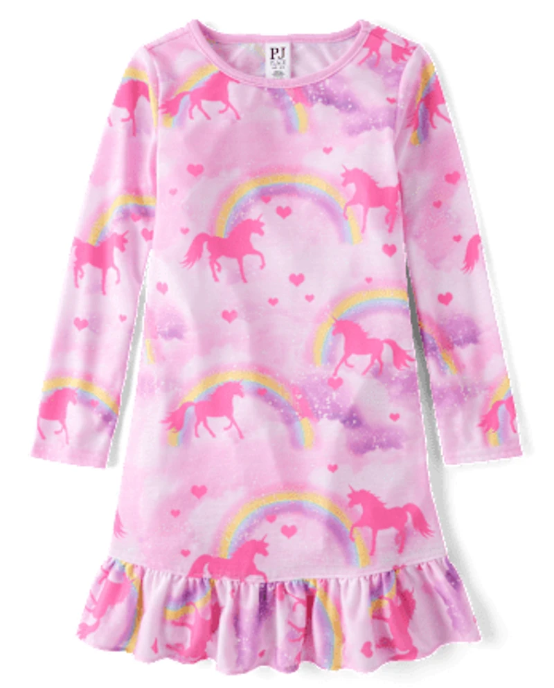 Girls Rainbow Unicorn Ruffle Nightgown