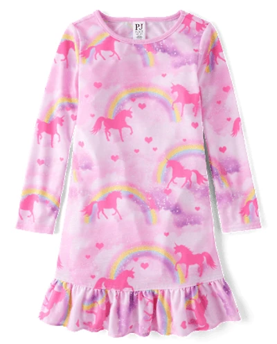 Girls Rainbow Unicorn Ruffle Nightgown
