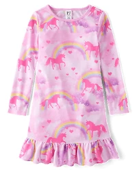 Girls Rainbow Unicorn Ruffle Nightgown