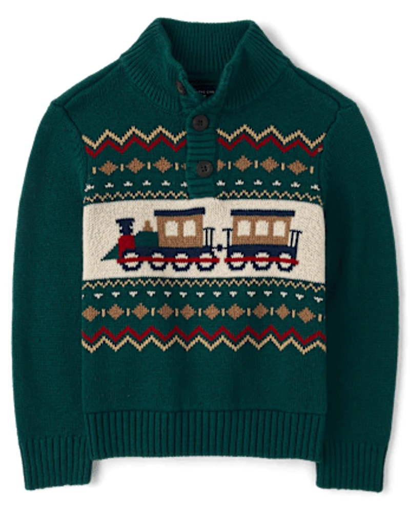 Baby And Toddler Boys Train Fairisle Mock Neck Sweater