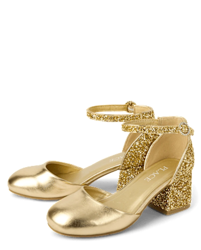 Girls Metallic Glitter Block Heels