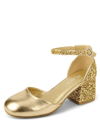 Girls Metallic Glitter Block Heels