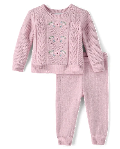 Baby Girls Embroidered Floral Cable Knit Sweater 2-Piece Playwear Ser
