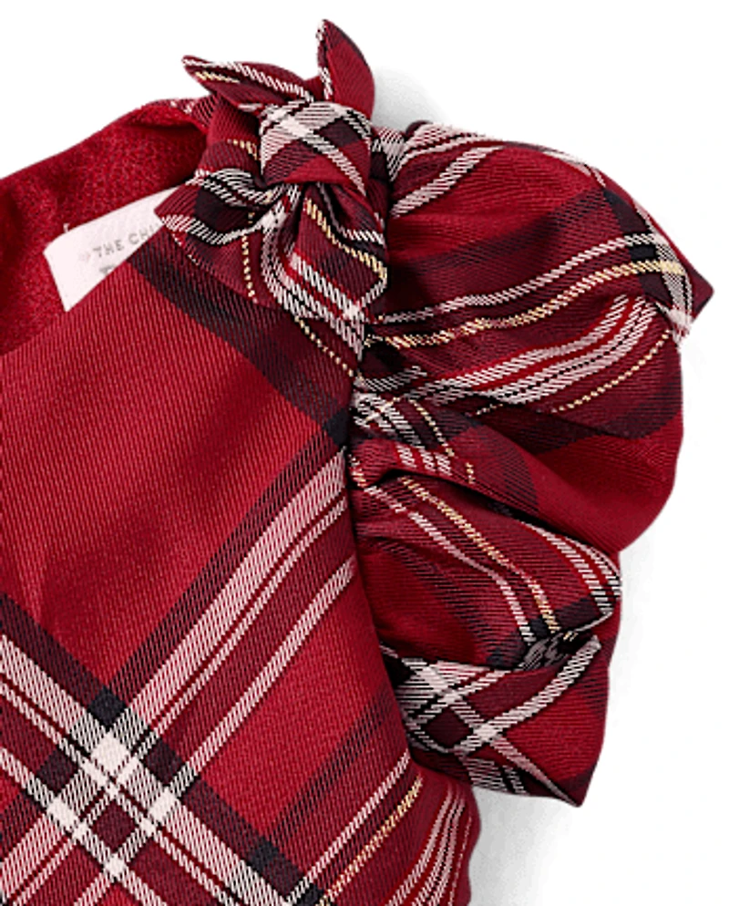 Baby Girls Matching Family Bow Plaid Satin Fit And Flare Dress