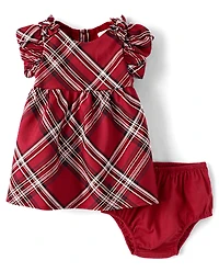 Baby Girls Matching Family Bow Plaid Satin Fit And Flare Dress