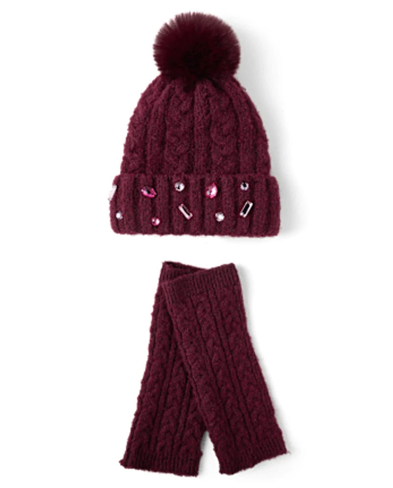 Girls Jeweled Cable Knit 2-Piece Cold Weather Set