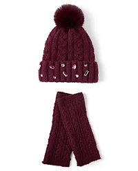 Girls Jeweled Cable Knit 2-Piece Cold Weather Set
