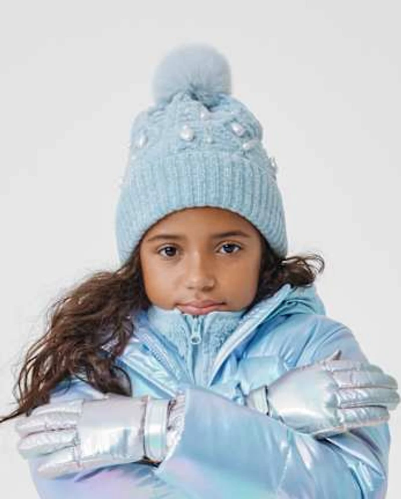 Bonnet à pompon en fausses perles et tricot torsadé pour fille