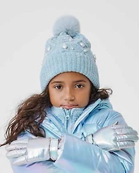 Bonnet à pompon en fausses perles et tricot torsadé pour fille