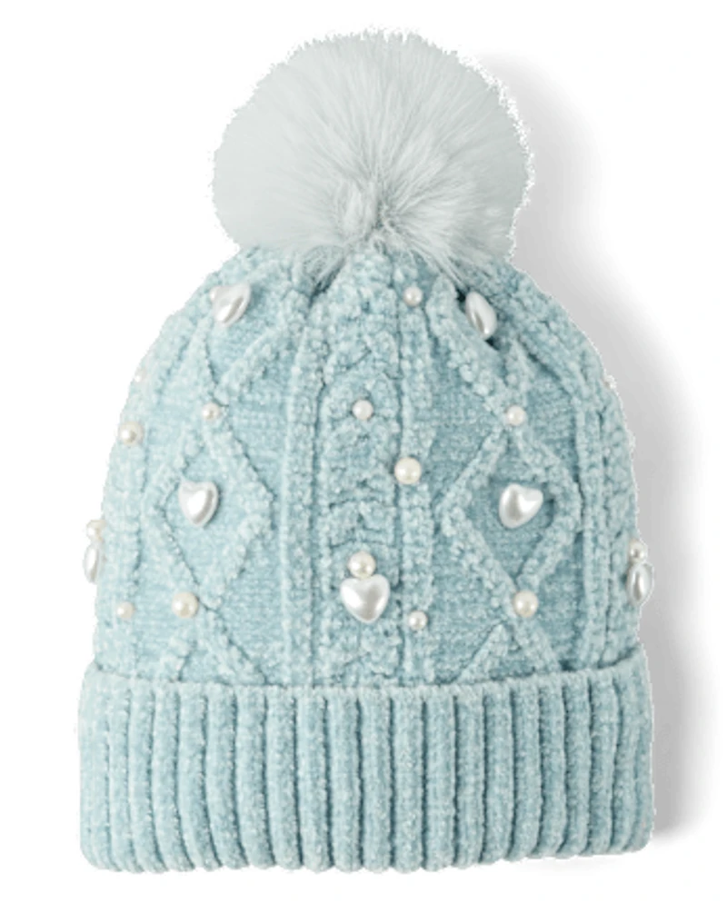 Girls Cable Knit Faux Pearl Pom Beanie