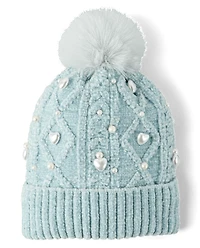 Girls Cable Knit Faux Pearl Pom Beanie