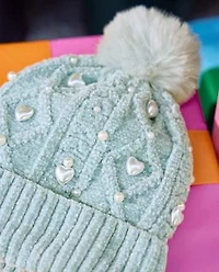 Bonnet à pompon en fausses perles et tricot torsadé pour fille