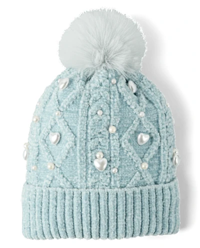 Girls Cable Knit Faux Pearl Pom Beanie
