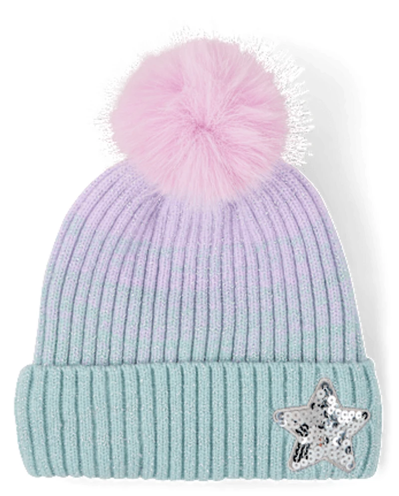 Girls Ombre Sequin Star Pom Beanie