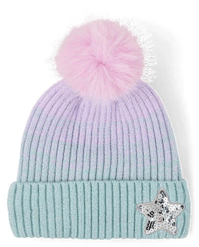 Girls Ombre Sequin Star Pom Beanie