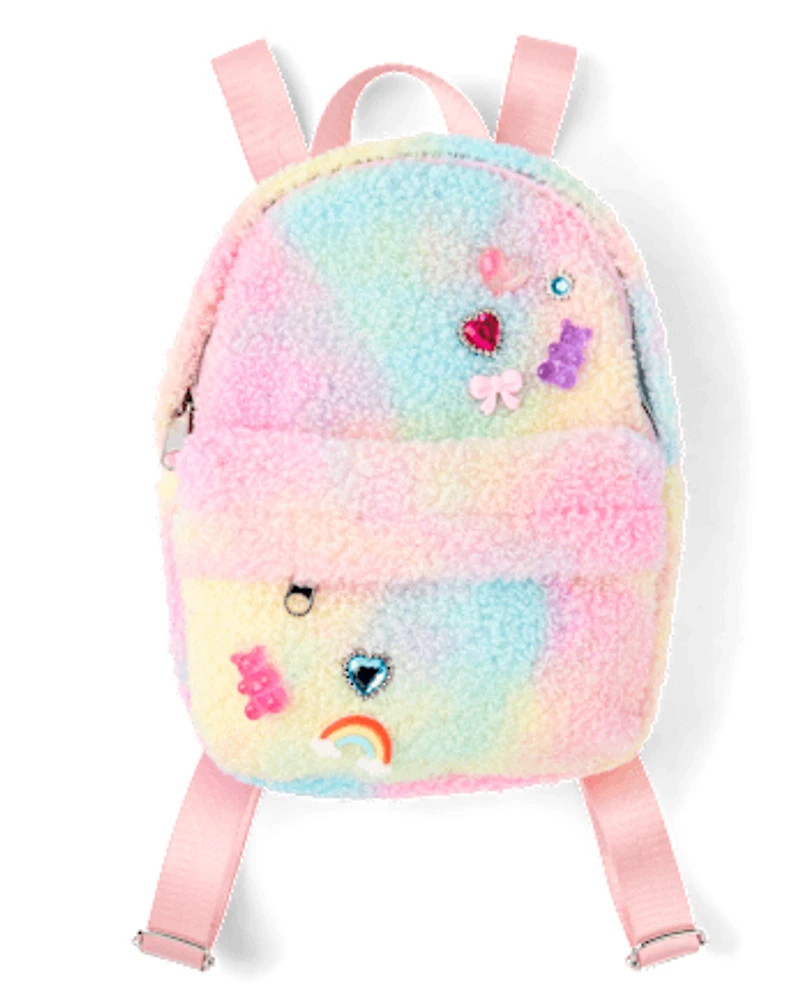 Girls Rainbow Charm Faux Sherpa Mini Backpack