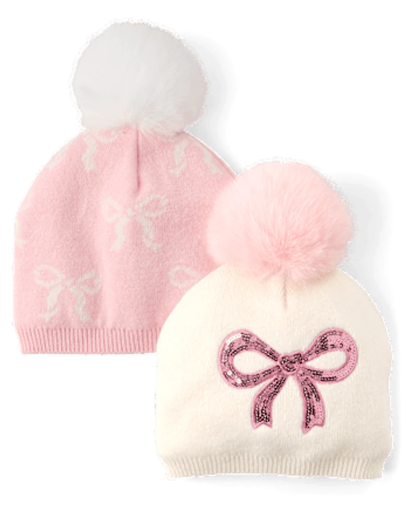 Lot de 2 bonnets à pompon et nœud pour petite fille