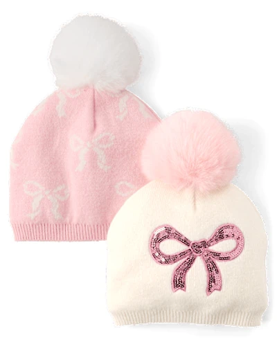 Lot de 2 bonnets à pompon et nœud pour petite fille