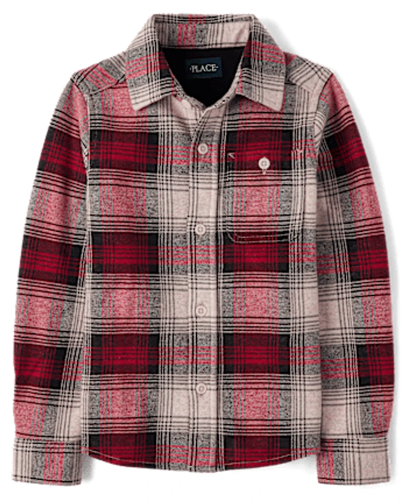 Boys Plaid Luxe Cozy Knit Button Up Shirt