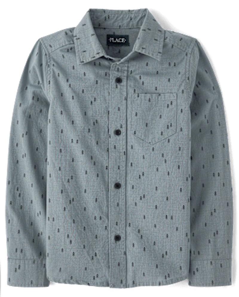 Boys Print Poplin Button Up Shirt