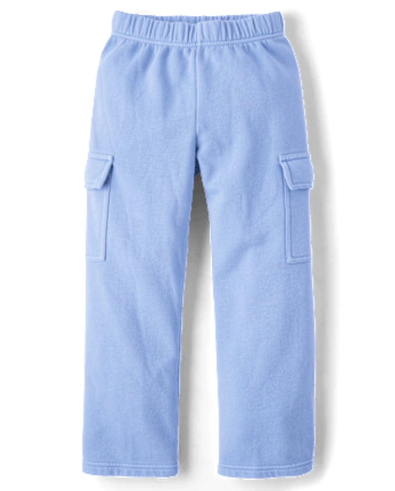 Kids Garment Dyed Premium Fleece Wide Leg Cargo Lounge Pants