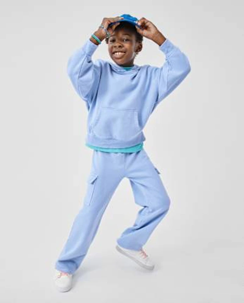 Kids Garment Dyed Premium Fleece Wide Leg Cargo Lounge Pants