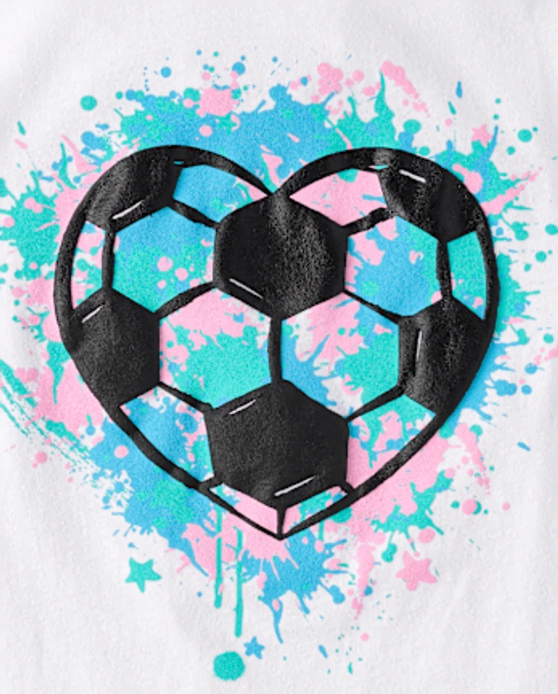Girls Soccer Ball Heart Puff Print Graphic Tee