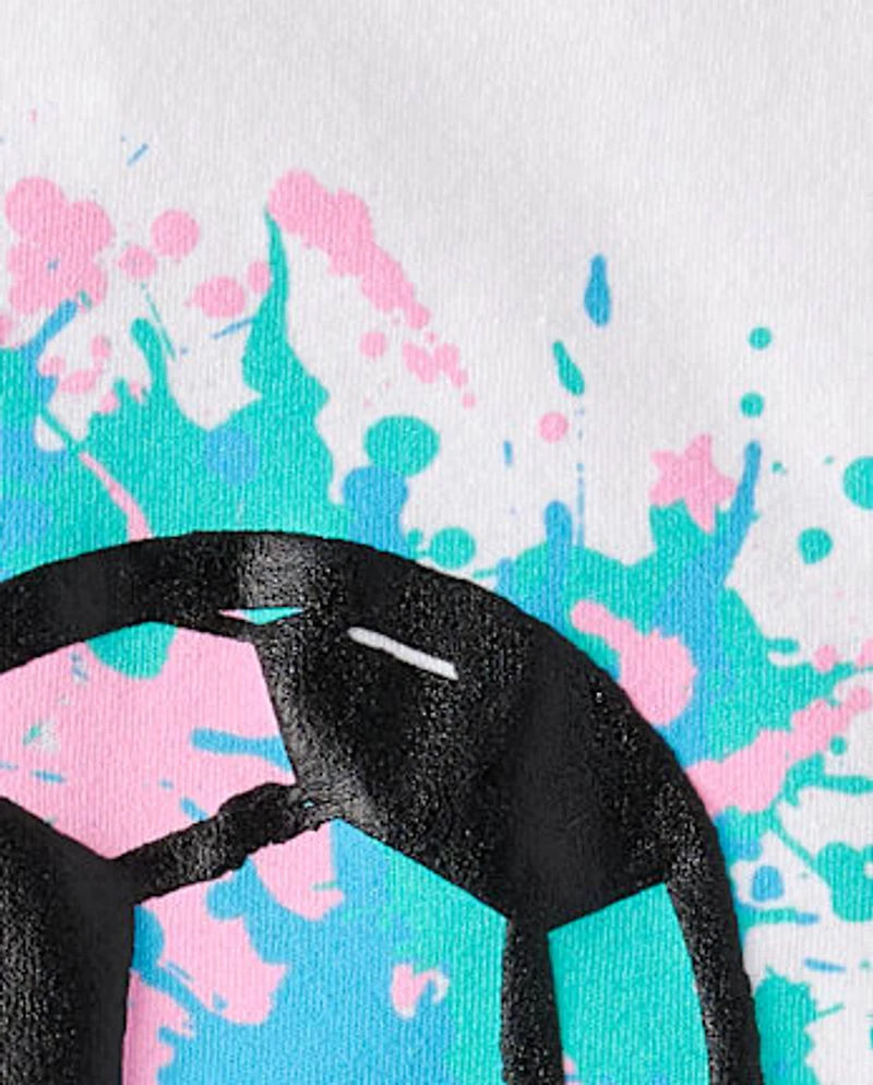 Girls Soccer Ball Heart Puff Print Graphic Tee