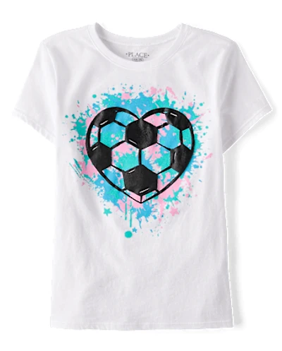 Girls Soccer Ball Heart Puff Print Graphic Tee