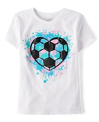Girls Soccer Ball Heart Puff Print Graphic Tee