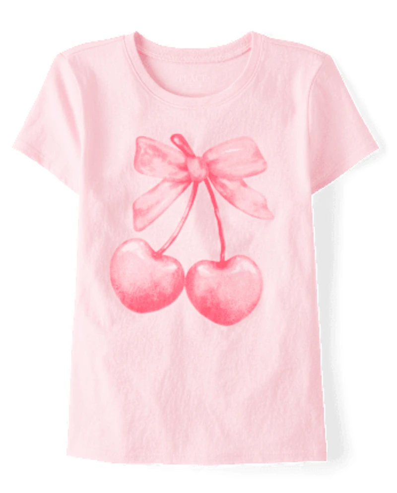 Girls Valentine's Day Bow Cherries Graphic Tee