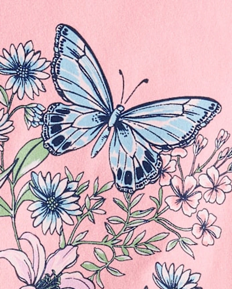 T-shirt graphique à fleurs et papillons pour filles