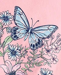 T-shirt graphique à fleurs et papillons pour filles