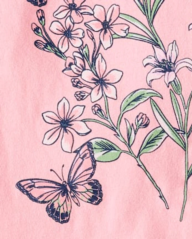 T-shirt graphique à fleurs et papillons pour filles