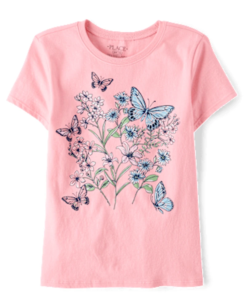 Girls Butterfly Flowers Graphic Tee