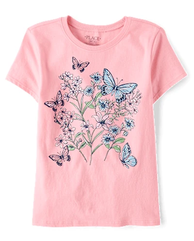 Girls Butterfly Flowers Graphic Tee
