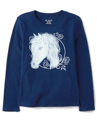 Girls Horse Flowers Graphic Tee