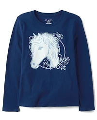 Girls Horse Flowers Graphic Tee