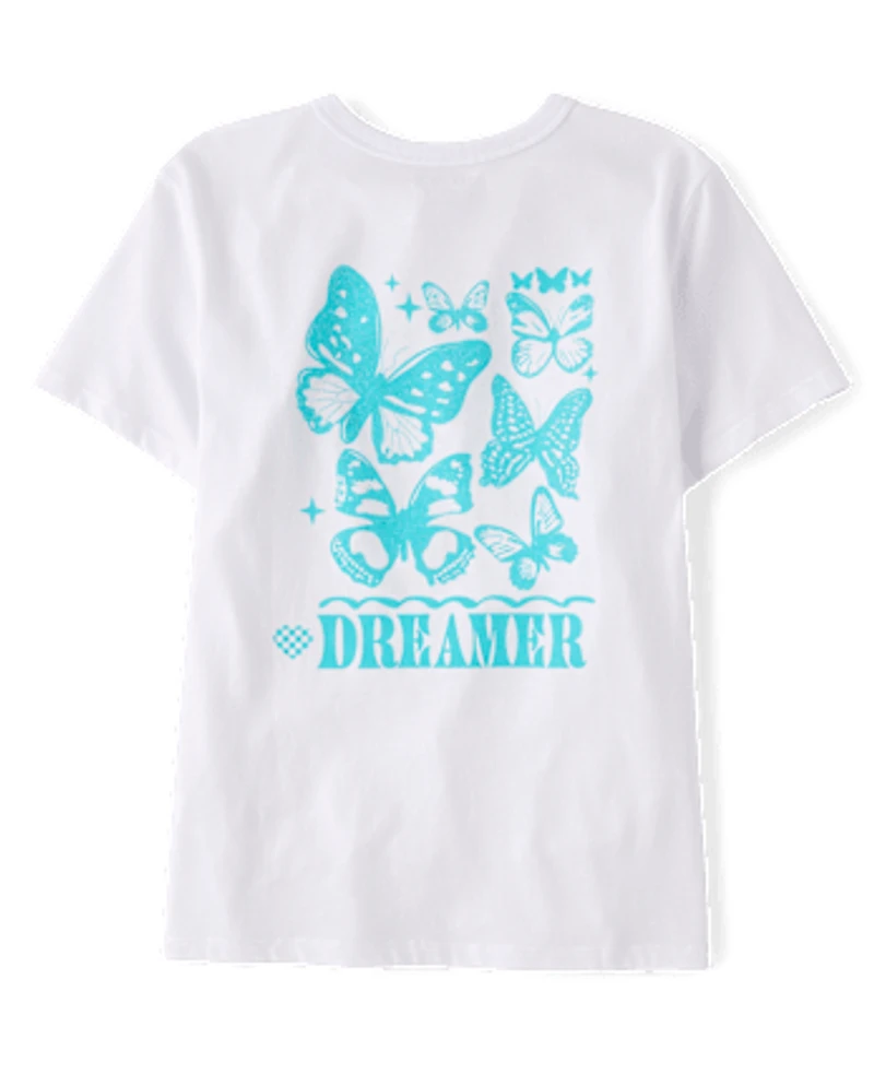 Girls Dreamer Butterfly Puff Print Front And Back Oversized Graphic Tee