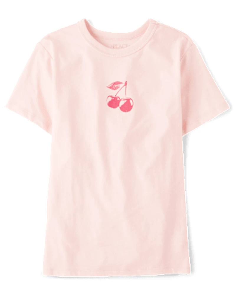 Girls Cherry Front And Back Oversized Graphic Tee