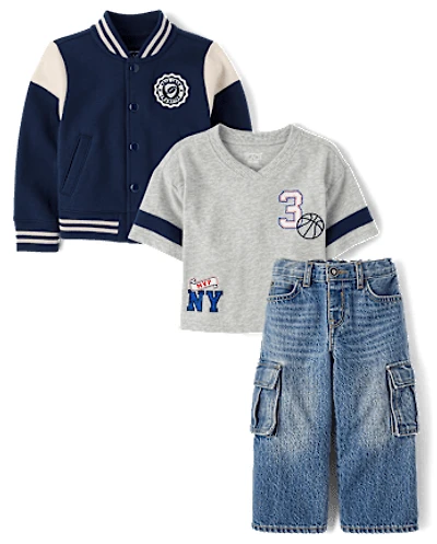 Baby And Toddler Boys Embroidered Varsity 3-Piece Outfit Set