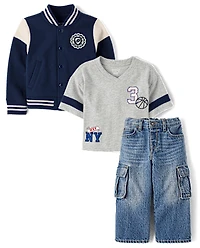 Baby And Toddler Boys Embroidered Varsity 3-Piece Outfit Set