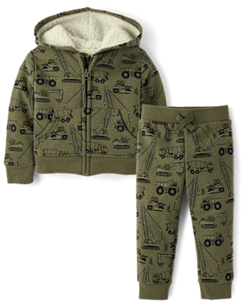 Baby And Toddler Boys Construction Vehicle Premium Fleece 2-Piece Outfit Set
