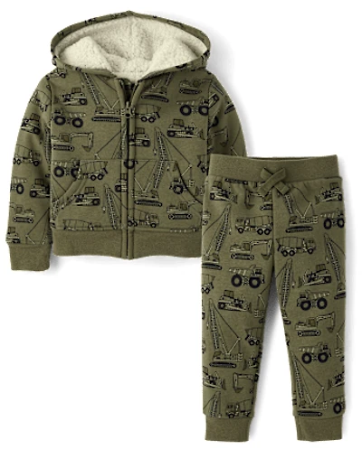 Baby And Toddler Boys Construction Vehicle Premium Fleece 2-Piece Outfit Set