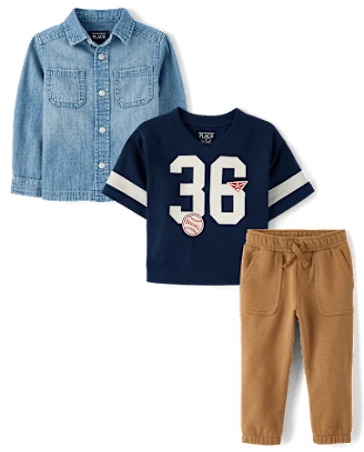 Baby And Toddler Boys Embroidered Varsity 3-Piece Outfit Set